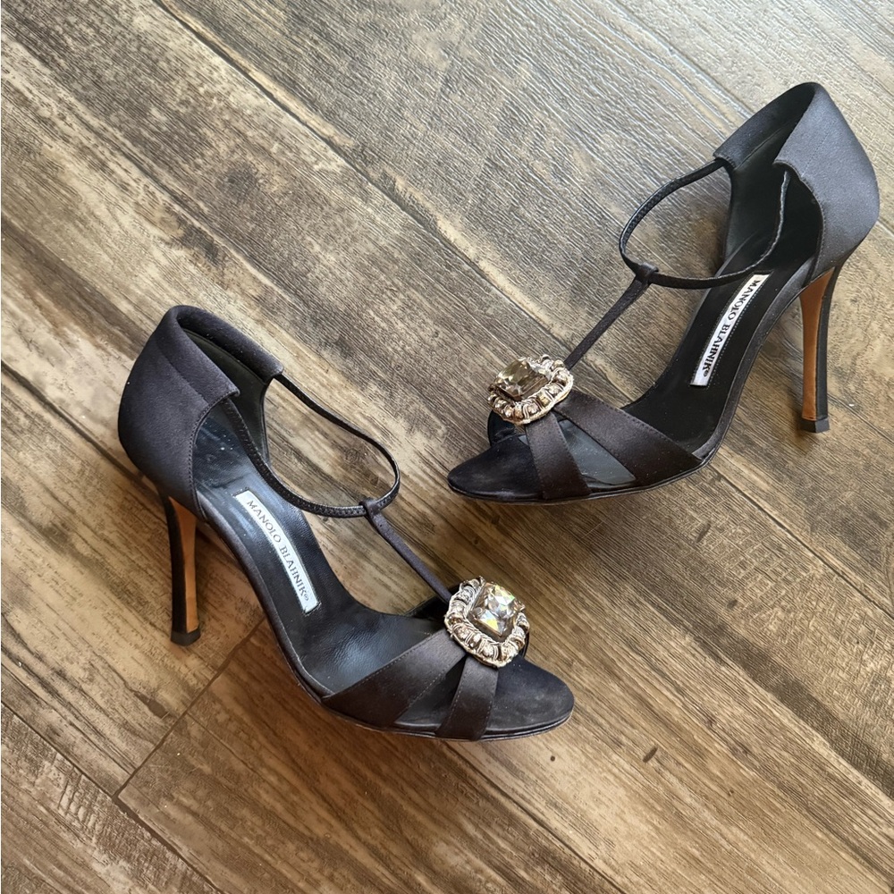 Manolo Blahnik Jeweled Satin Sandals with